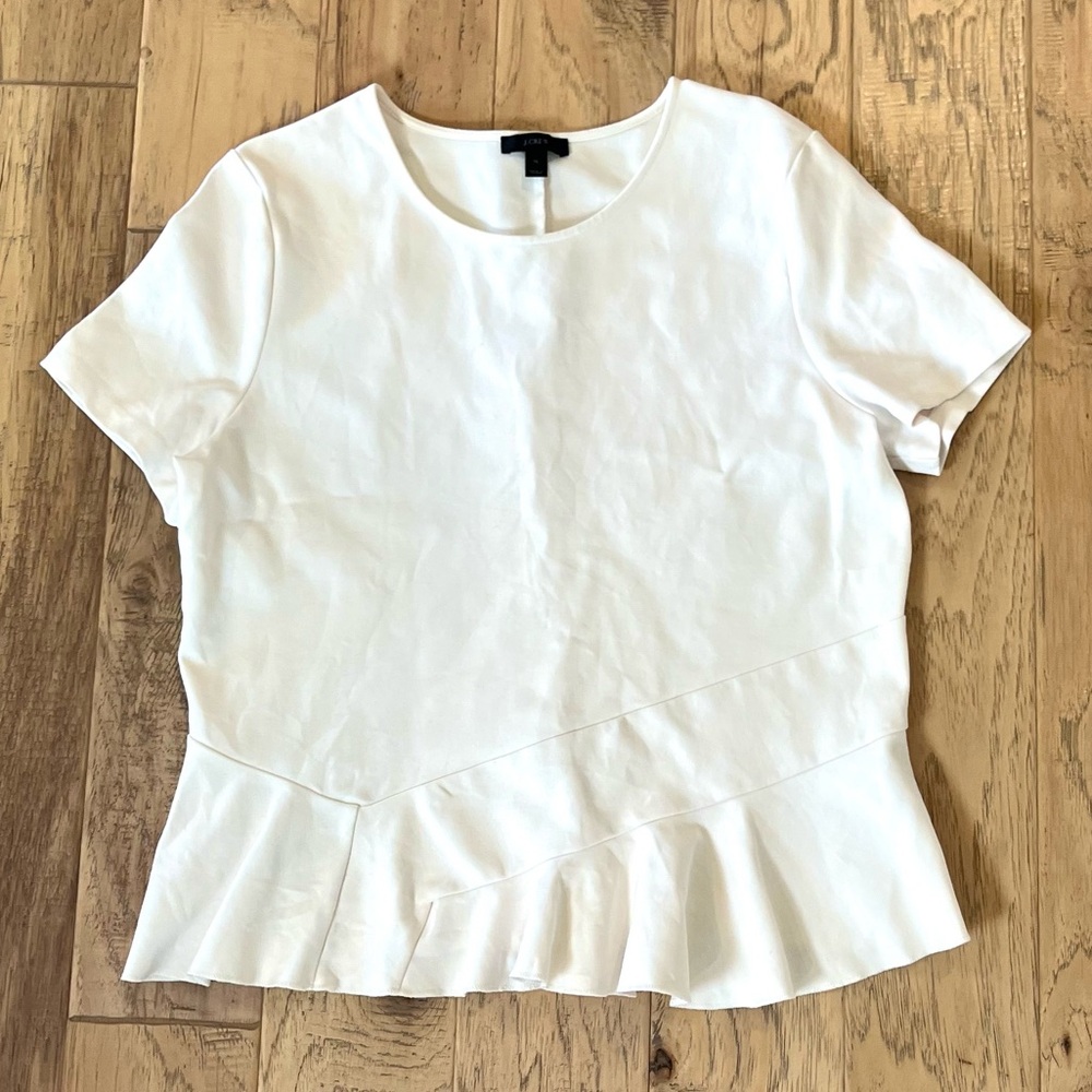 J. Crew Structured Cream Short Sleeve Top with Ruffled Hem, size XL